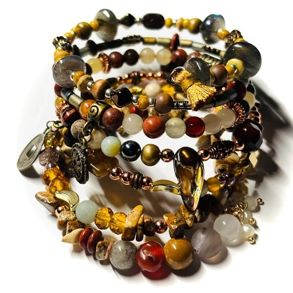 🆕 OOAK Bohemian Bead Mix Memory Wire Wrap Bracelet — Semi Precious Gemstone